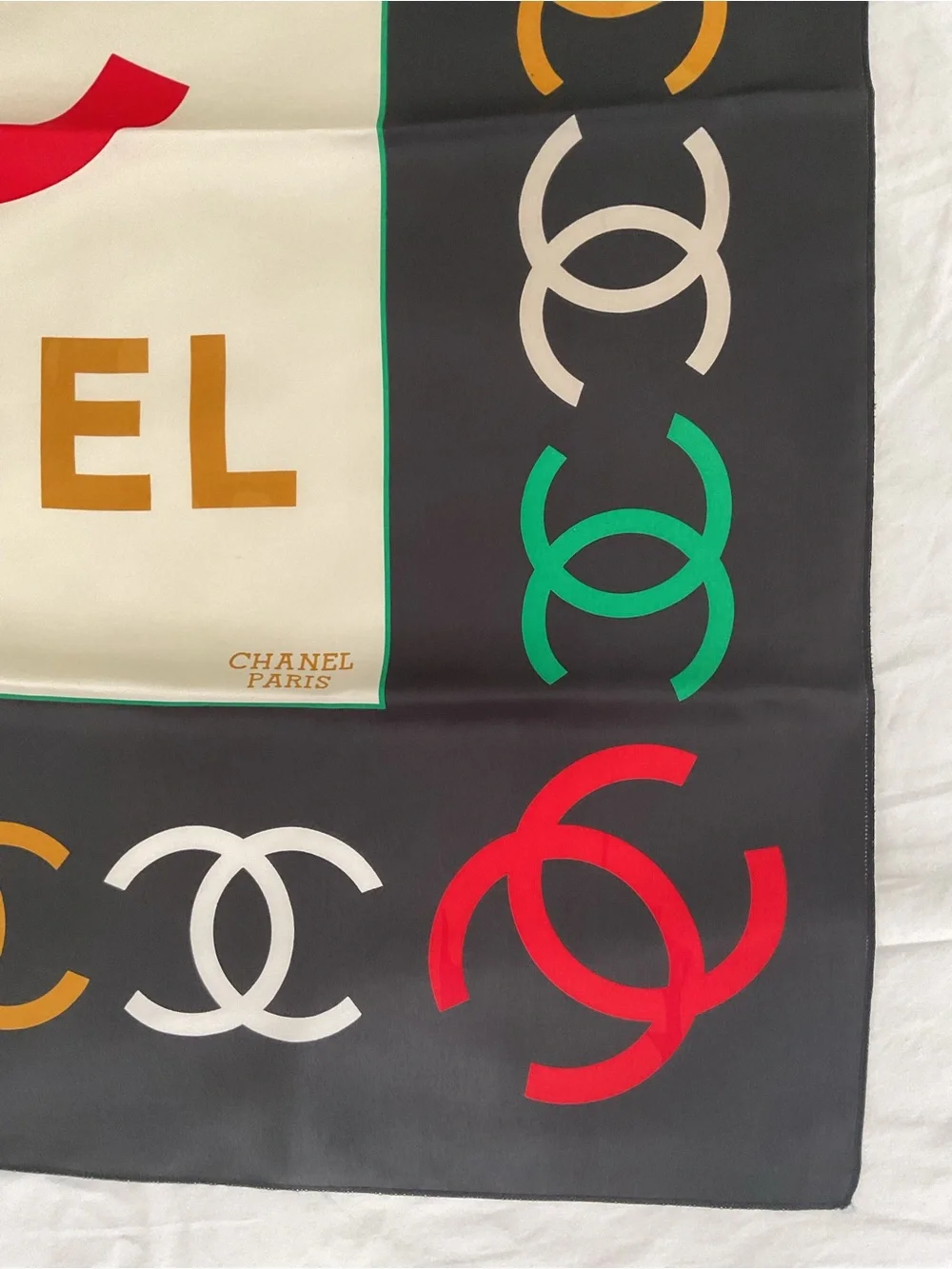 CHANEL Black Cream Multicolor Logo CC Silk Scarf